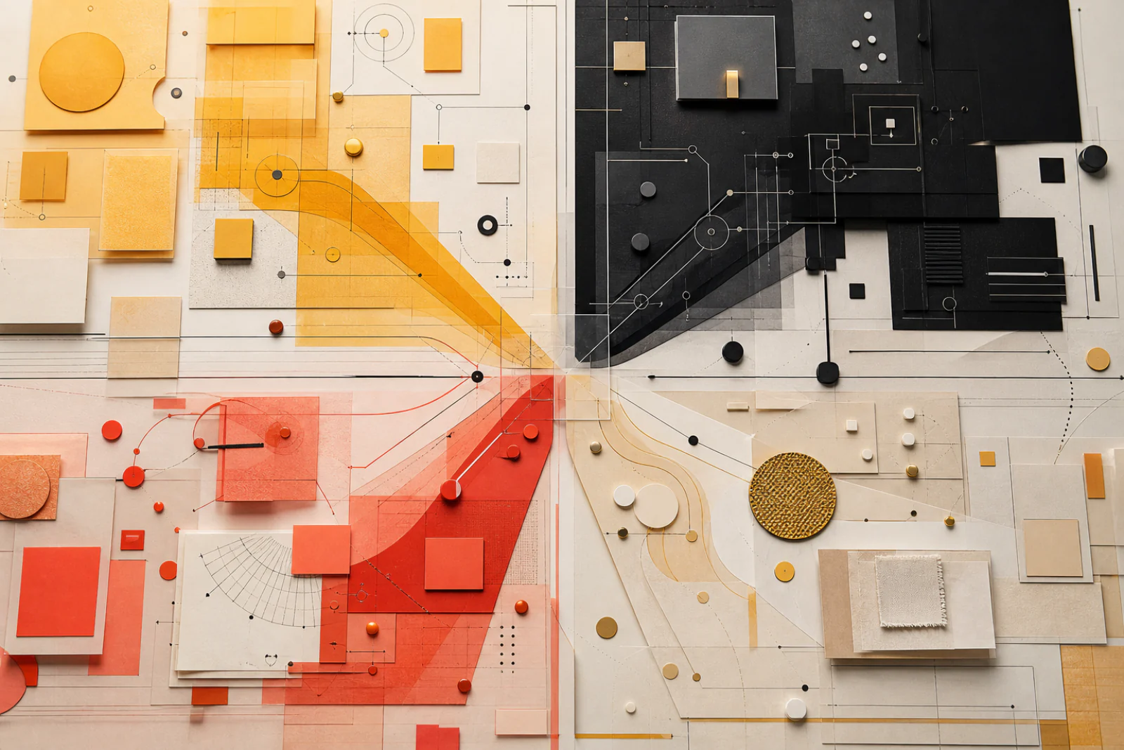Composición abstracta de materiales y rutas de trabajo que convergen sobre una mesa compartida